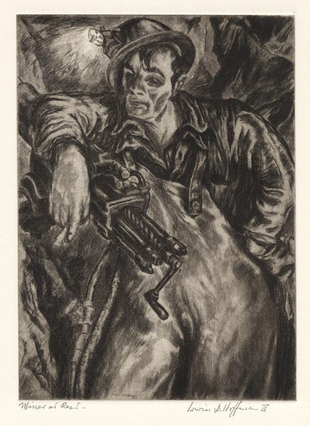 Miner at Rest. Irwin D. Hoffman. Etching, 1937. Edition 50. Signed and titled in pencil.  Second printing, c.1975. LINK.
